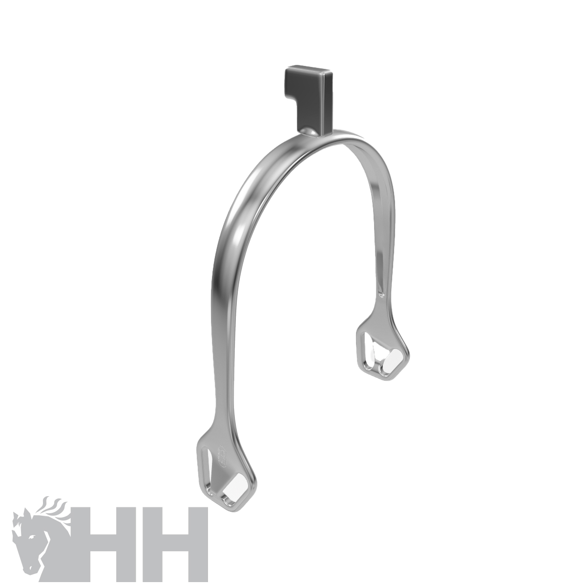 Suporte metálico cromado para pendurar com gancho superior e encaixes triangulares.