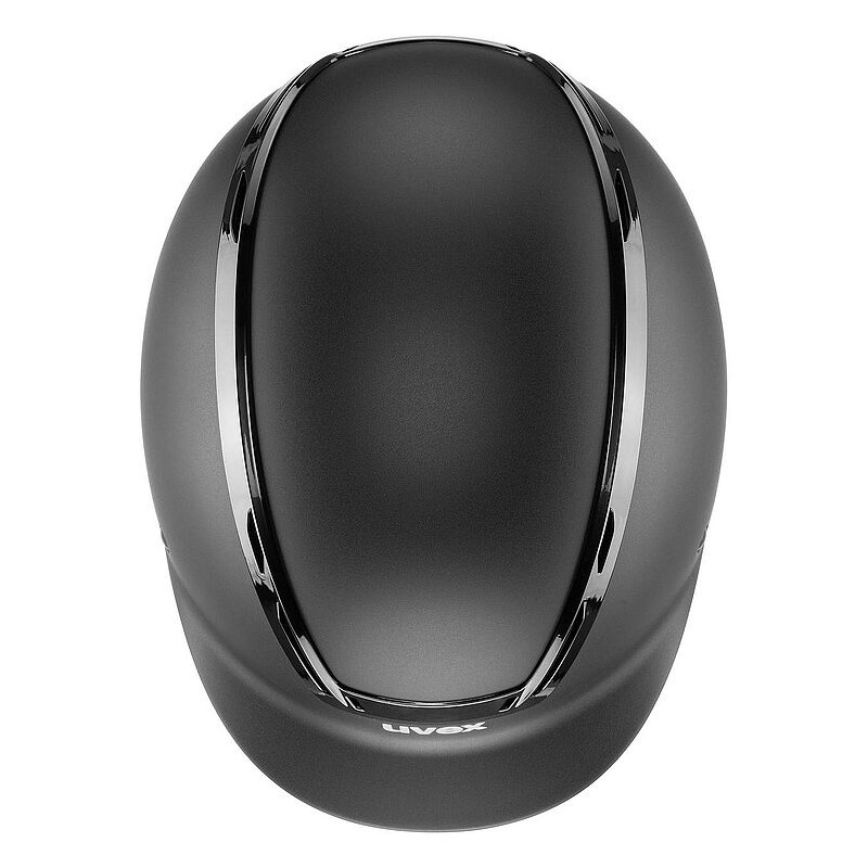 Capacete de segurança preto fosco com faixas verticais brilhantes e marca UVEX