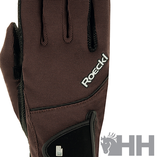 Luva castanha com detalhes pretos e texto Roeckl branco