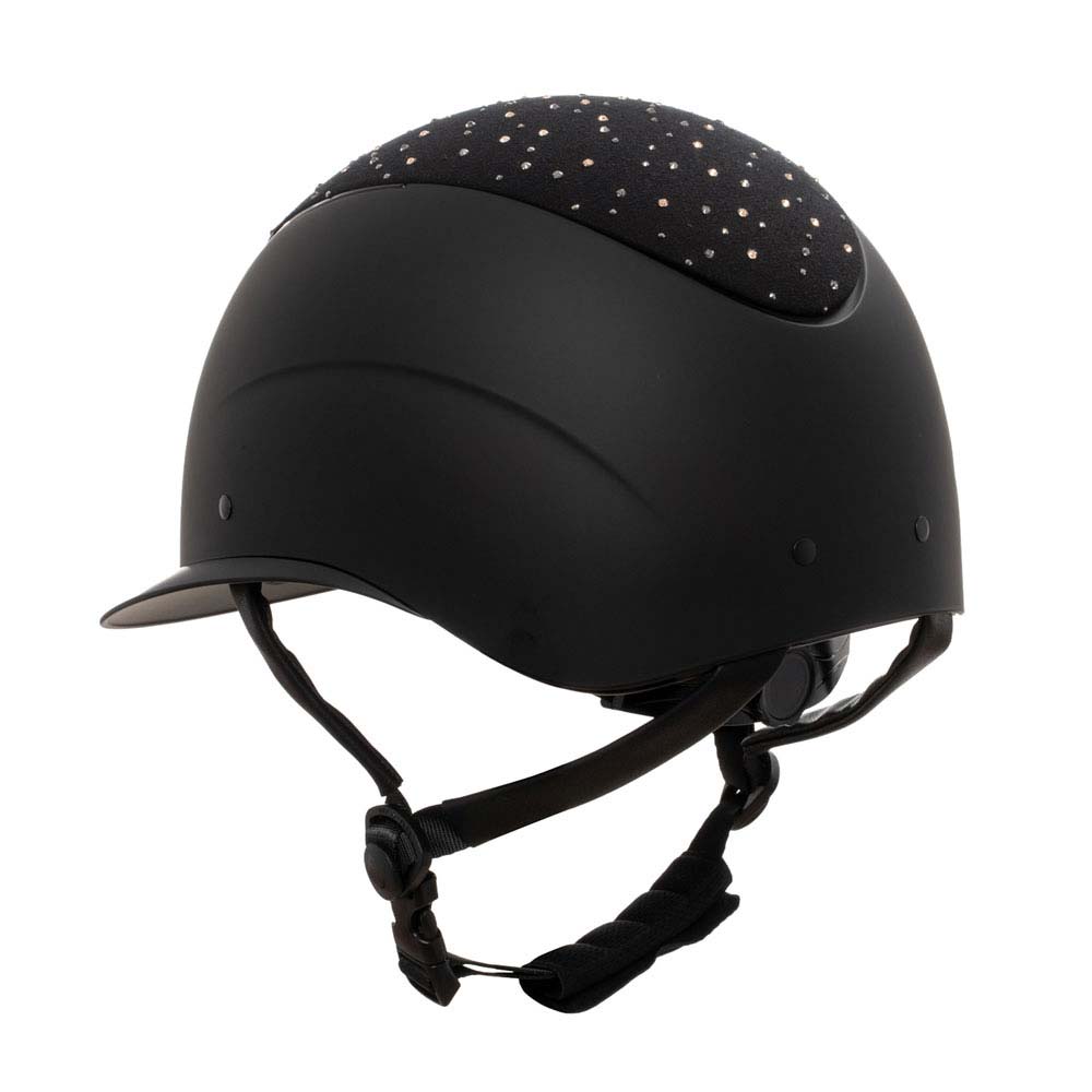 Capacete preto fosco com pontos brilhantes no topo e correias de fixação