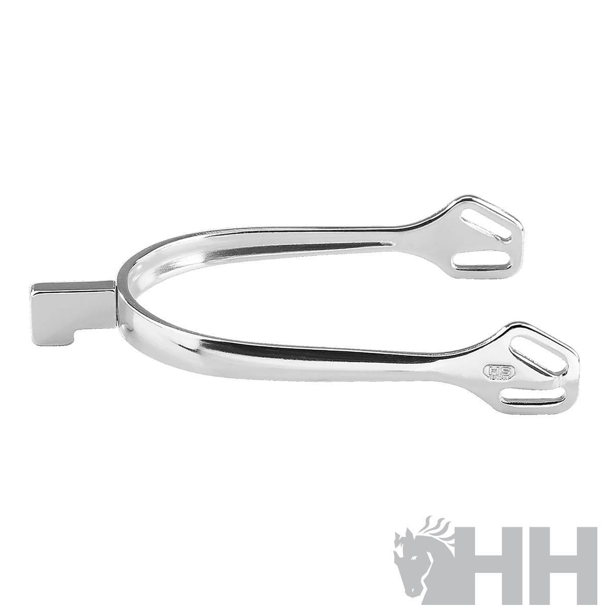 Espora metálica prateada polida com ponta quadrada e fendas em fundo branco