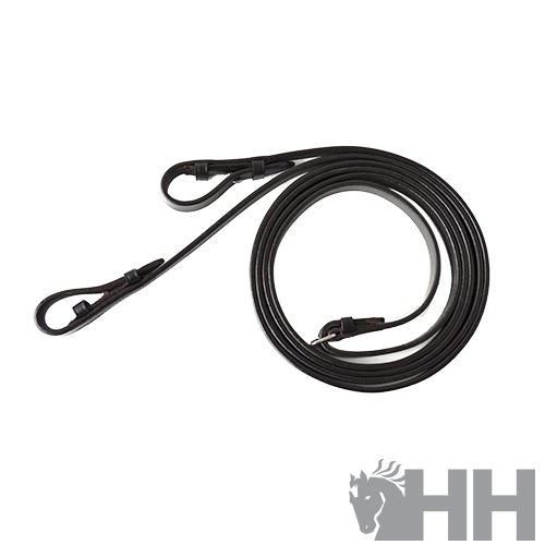 Rein negro de couro com fivelas e presilhas sobre fundo branco com logótipo HH