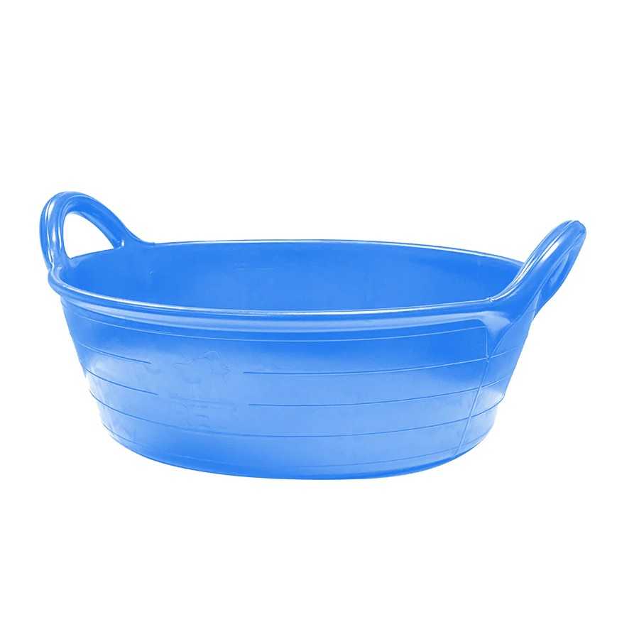 Recipiente oval azul translúcido em plástico com pegas