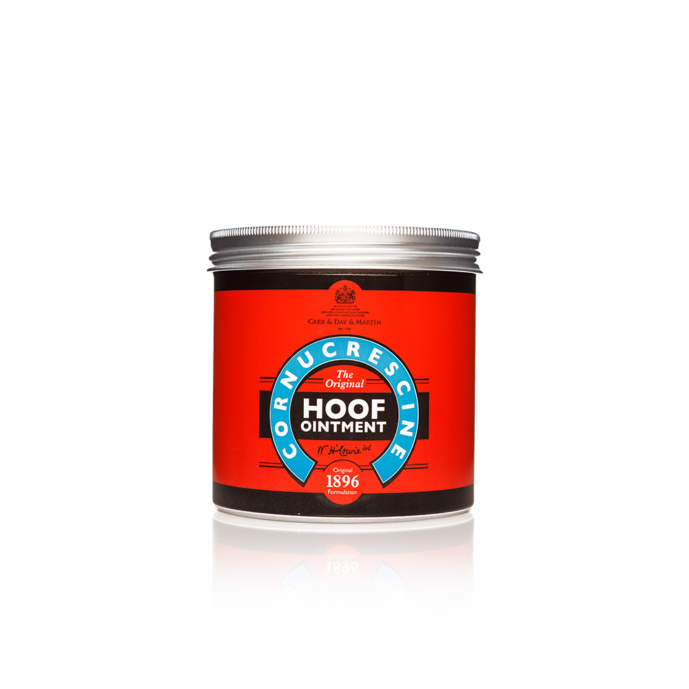 Frasco de pomada Hoof Ointment com rótulo vermelho e azul