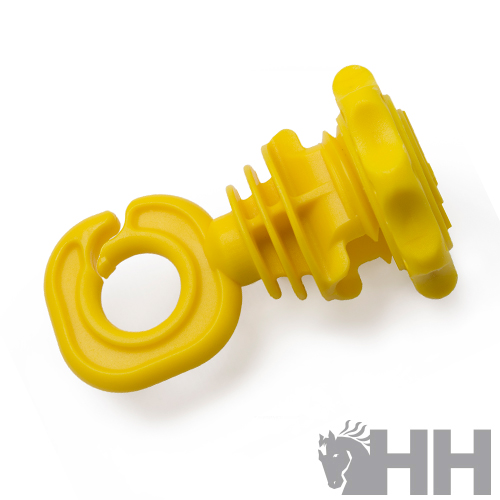 Peça plástica amarelo vivo com anel aberto e múltiplas seções, vista sobre fundo branco