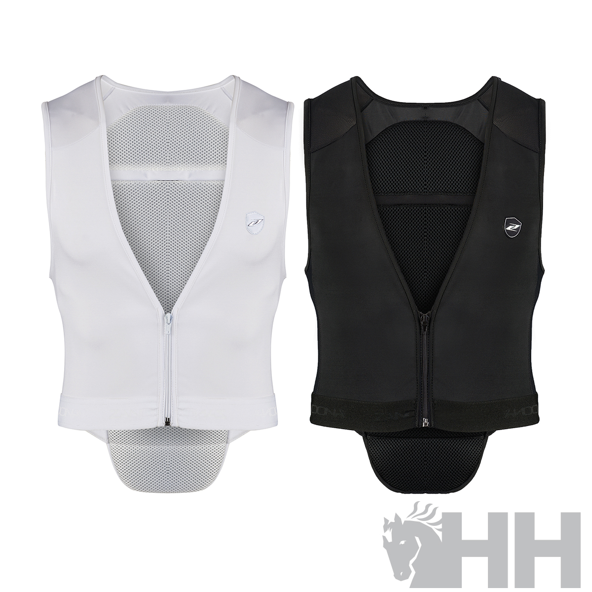 Colete de proteção branco e preto com fecho de correr e malha ventilada