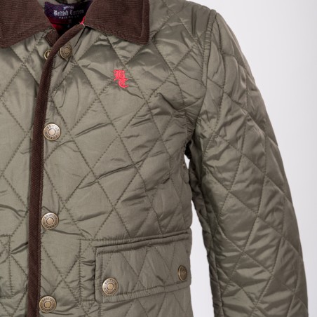 Casaco acolchoado verde-oliva com colarinho castanho e botões metálicos