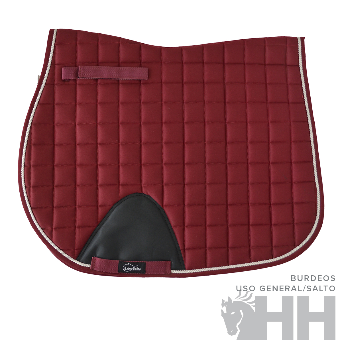 Manta para sela burdeos acolchoada com detalhes pretos e bordas brancas