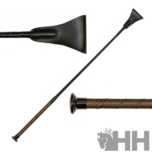 Chicote para equitação HH com cabo castanho e preto e ponta em couro preto