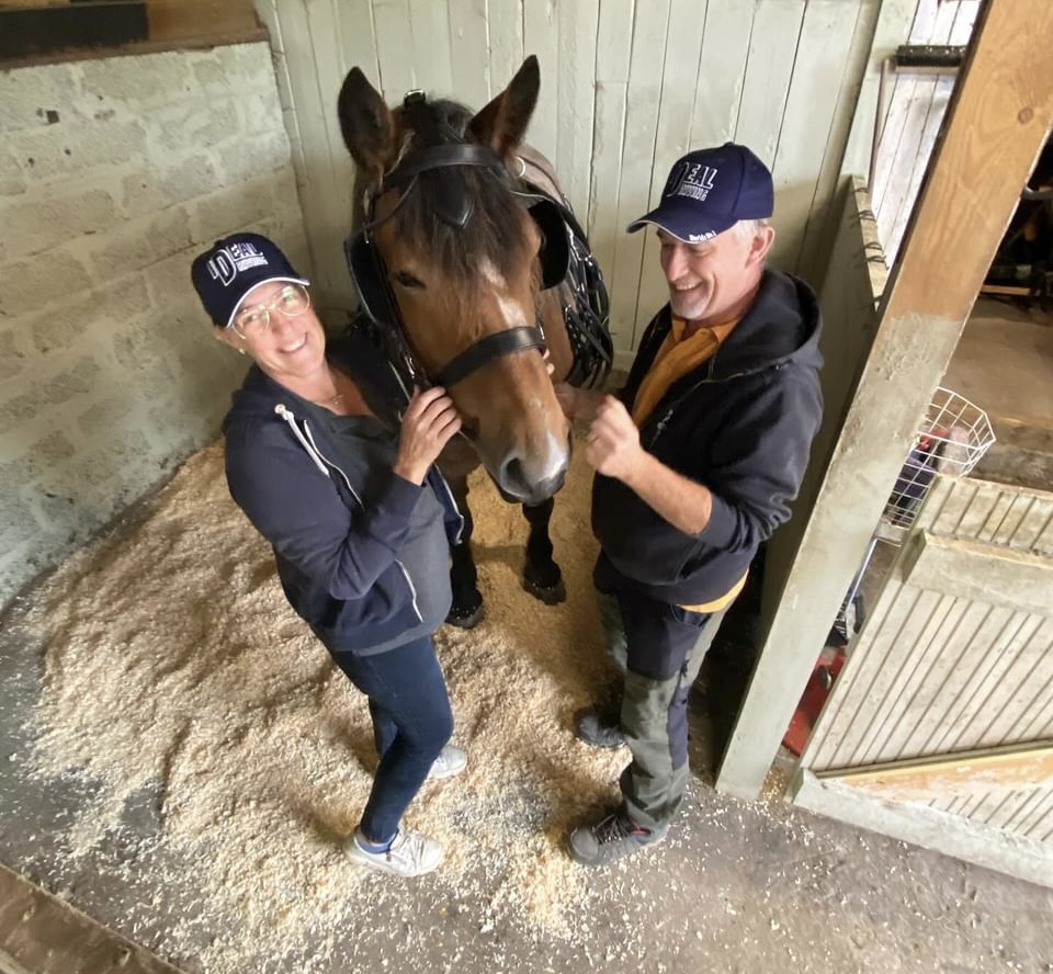 Duas pessoas com bonés e um cavalo num estábulo de paredes de pedra e madeira