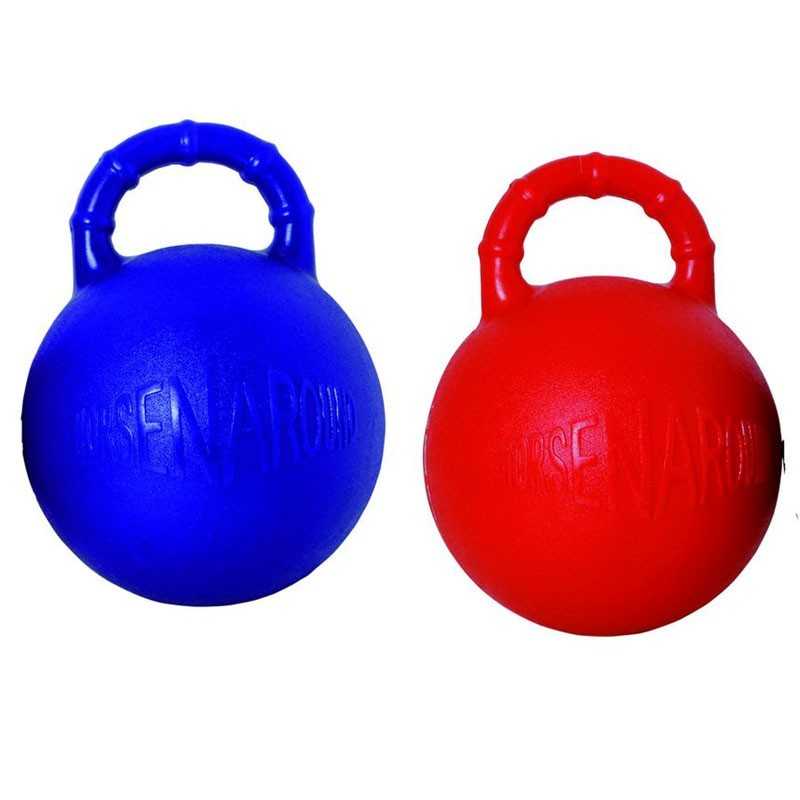 Duas kettlebells de plástico azul e vermelha com palavra ROSENADIN gravada.