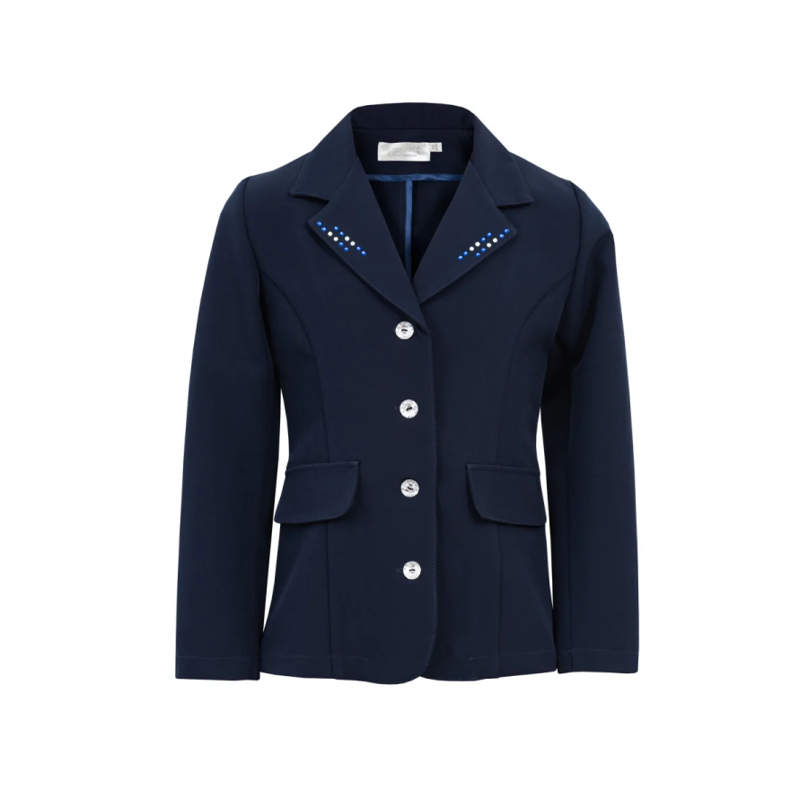 Blazer feminino azul escuro com botões prateados e detalhes em cristais na gola