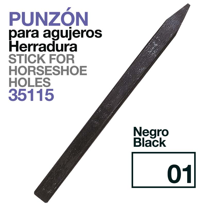 Punção metálico preto para furos em ferraduras com texto e número 01