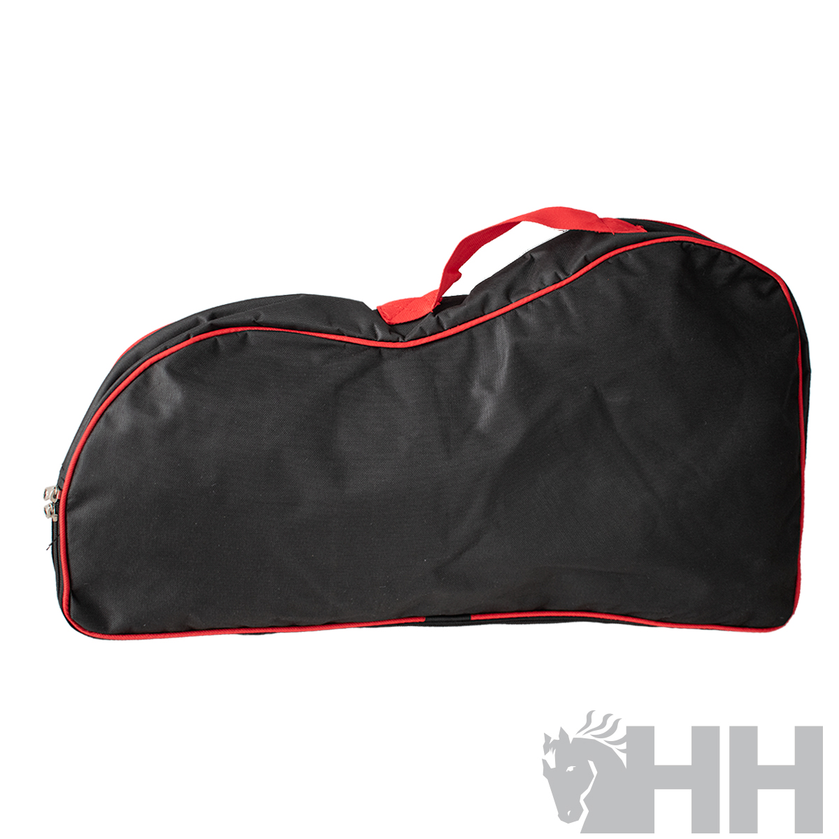 Bolsa preta com detalhes vermelhos e alça vermelha
