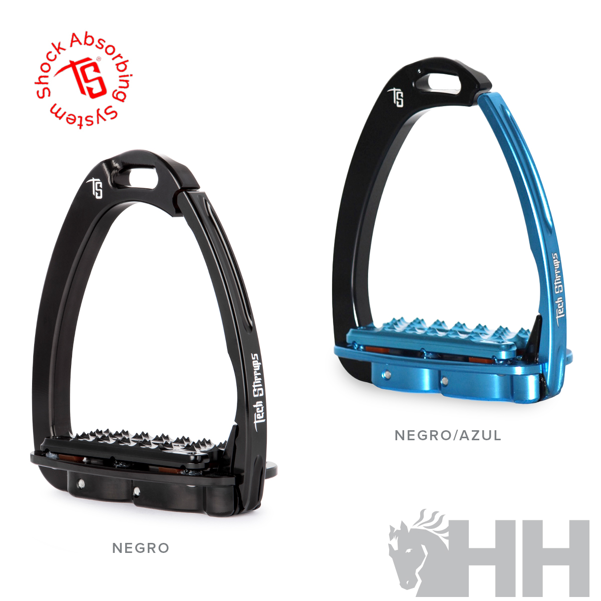 Estribos de equitação Tech Stirrups preto e preto com azul