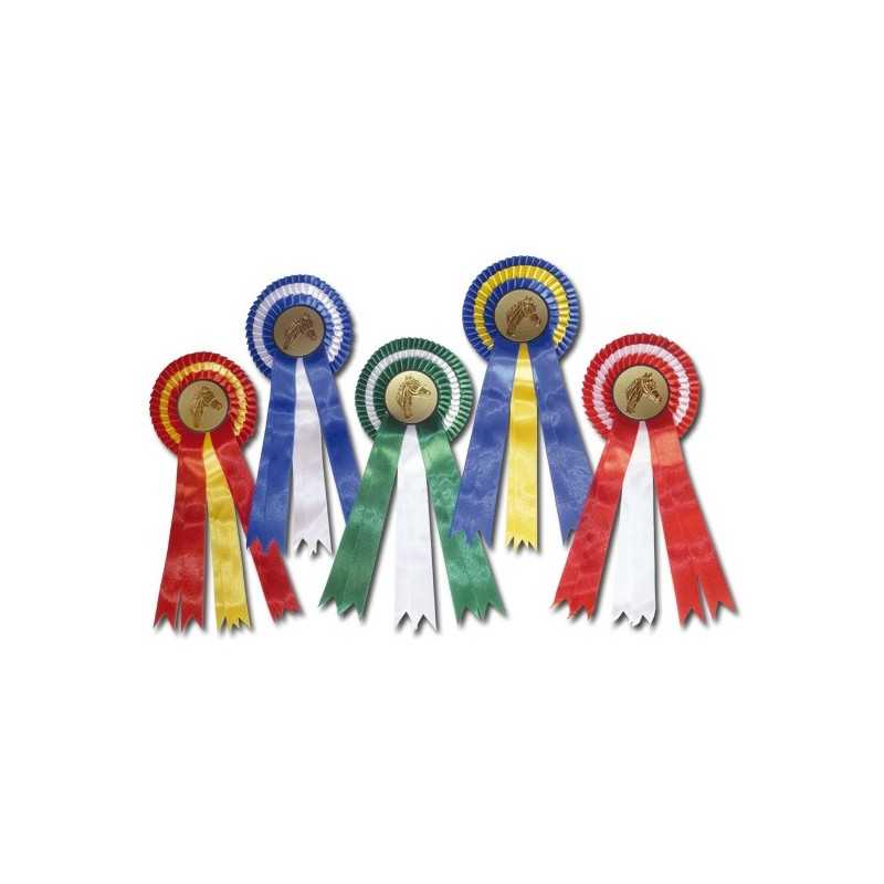 Cinco rosetas coloridas para prémios com medalhas douradas de cavalo