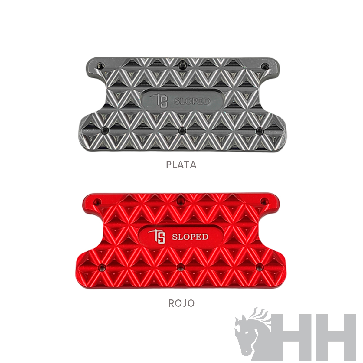 Suportes metálicos para motos em prata e vermelho com padrão triangular e texto TS SLOPED