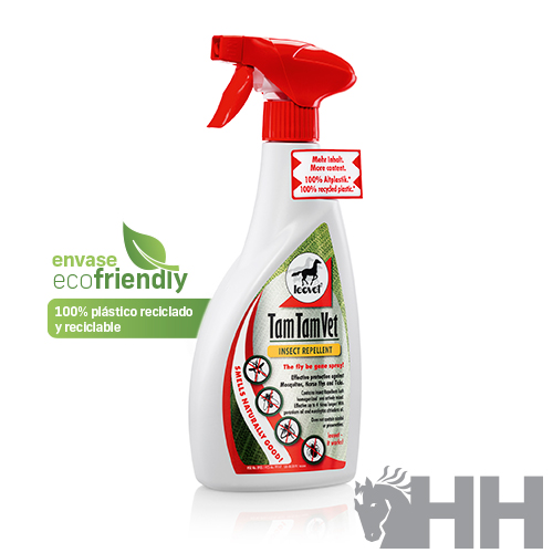 Frasco pulverizador Tam Tam Vet insect repellent em plástico branco e vermelho com selo ecofriendly