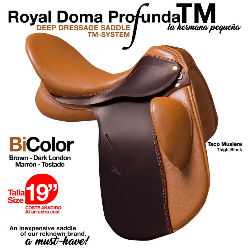 Sela bicolor castanho e castanho escuro Royal Doma Profunda TM com texto descritivo