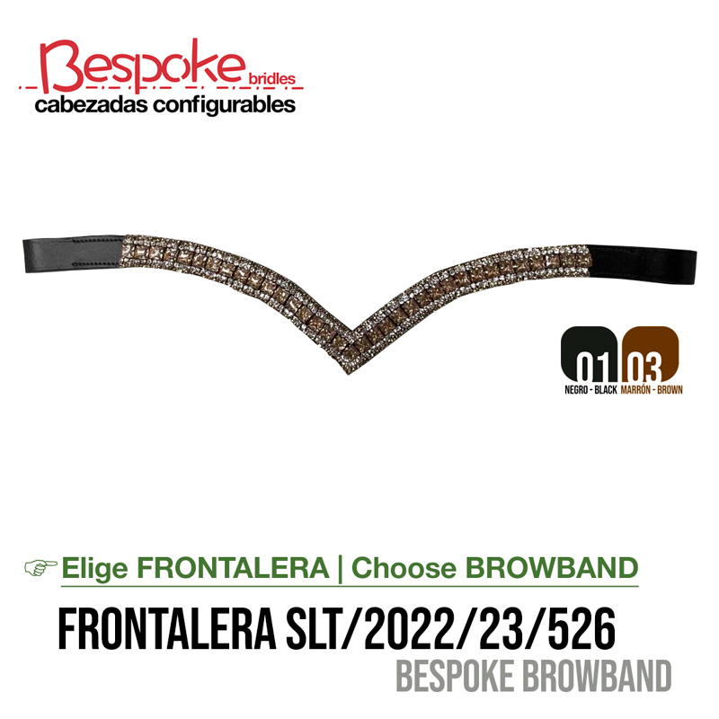 Cabeçada com frontal preto e pedras brilhantes, texto informativo em fundo branco