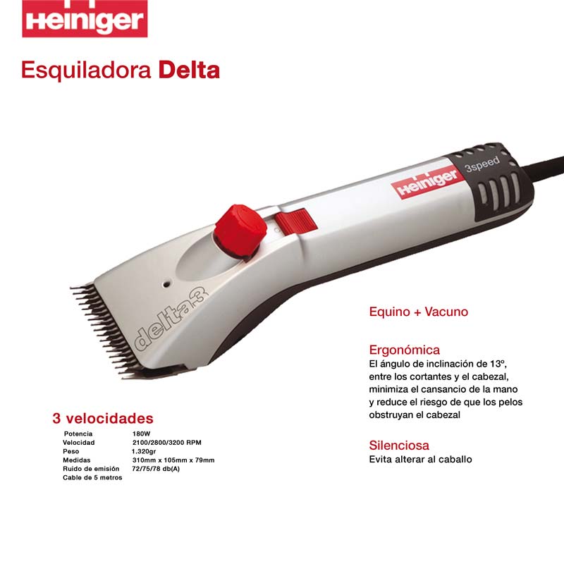 Máquina de tosquia Heiniger Delta, branca, vermelha e preta com lâminas metálicas
