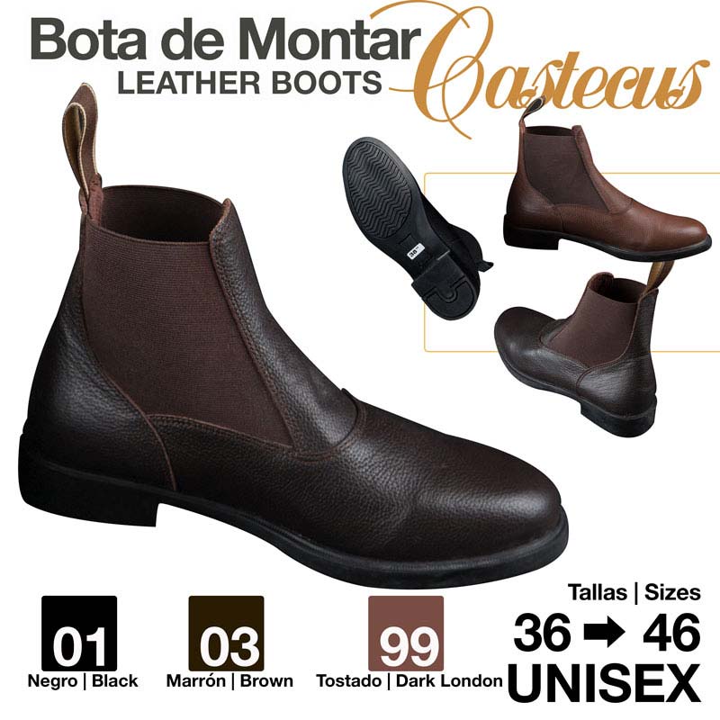 Botas de montar Castcues em couro nas cores preto, castanho e tostado, tamanhos 36 a 46 unissexo.