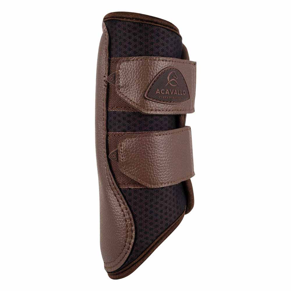 Protector de equitação em tecido acolchoado preto e couro castanho com fechos de velcro