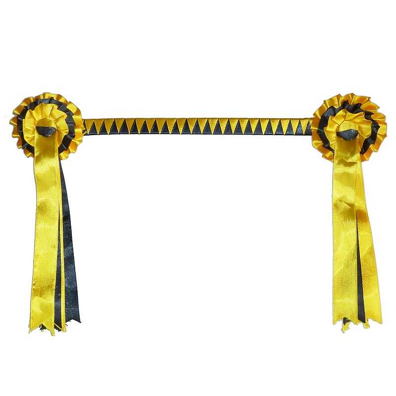 Laçarote amarelo e preto com fitas de cetim e rosetas nas extremidades