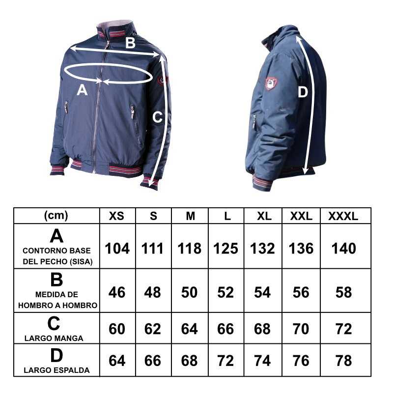 Casaco azul escuro com fecho, bolsos e tabela de medidas em cm para vários tamanhos.