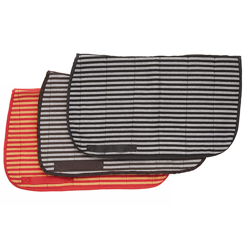 Três mantas para cavalo listradas nas cores preto, castanho e vermelho