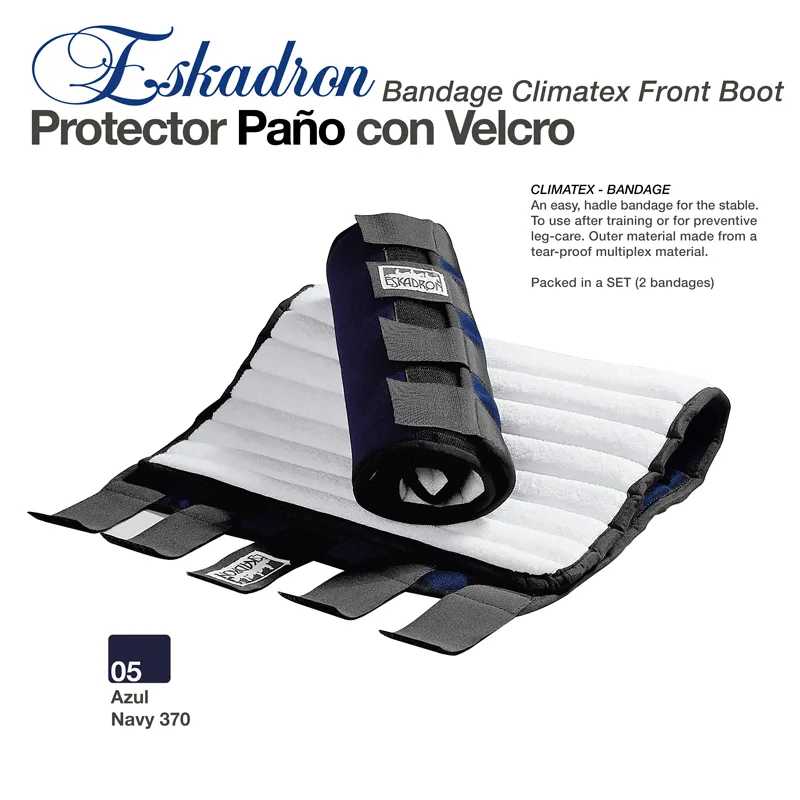 Bandagens Eskadron Bandage Climatex Front Boot azul Navy 370 com protector de paño e velcro.