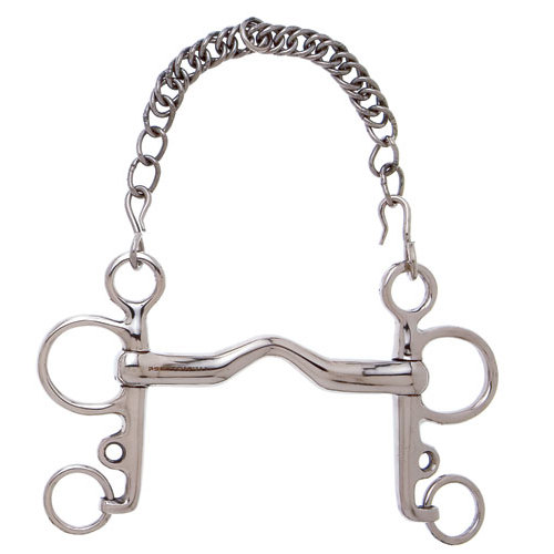Freio de cavalo metálico prateado com corrente e argolas