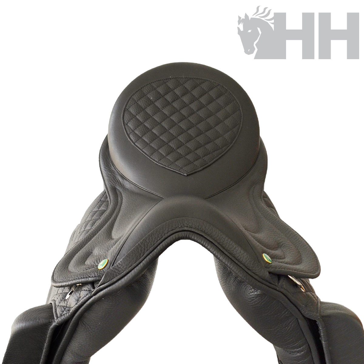 Selim para cavalo preto com padrão almofadado e logótipo HH