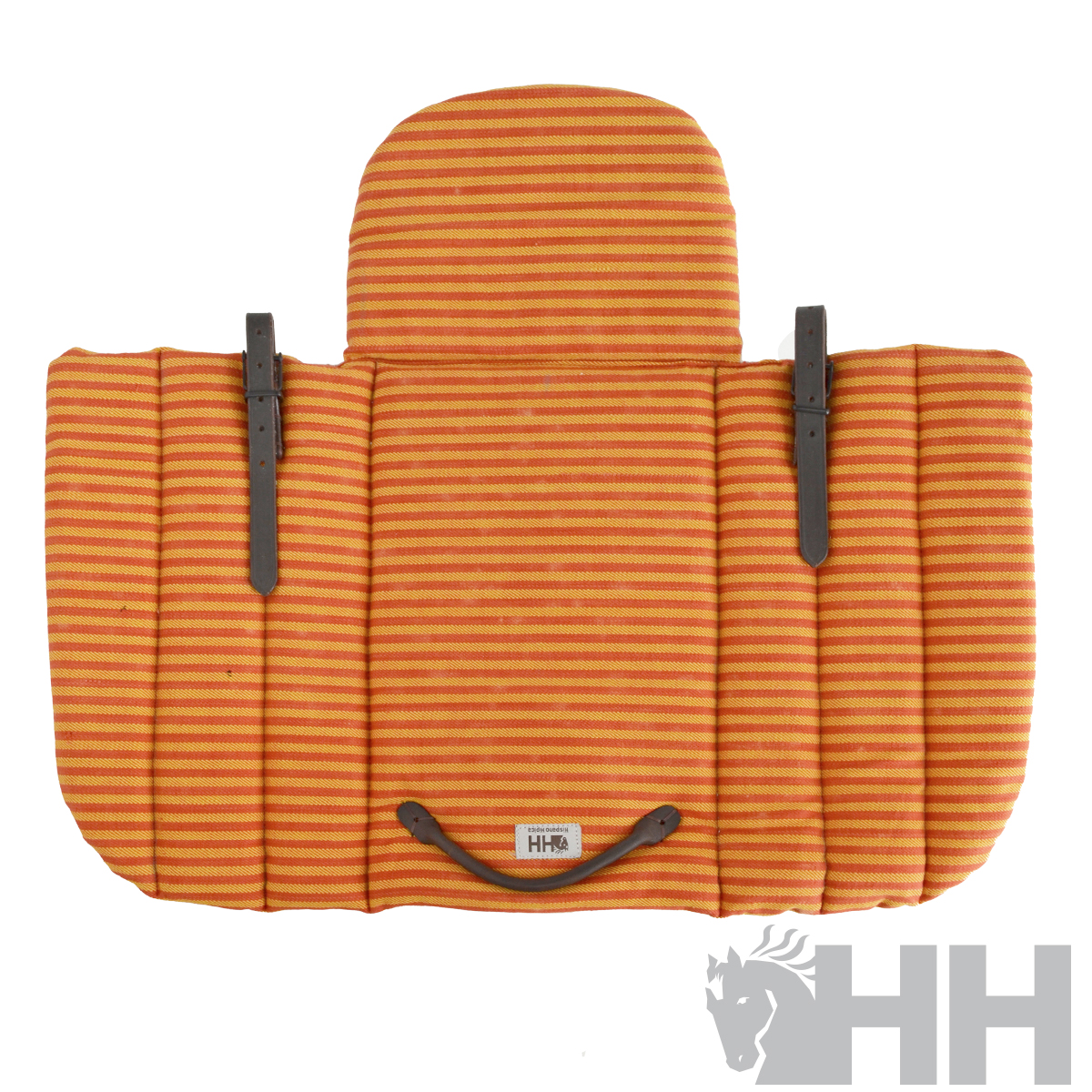 Assento almofadado laranja às riscas com tiras pretas e etiqueta HH