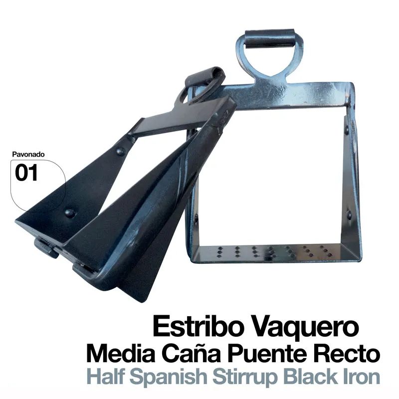 Estribos vaqueiros de ferro preto com pegador retangular e detalhes pavonados