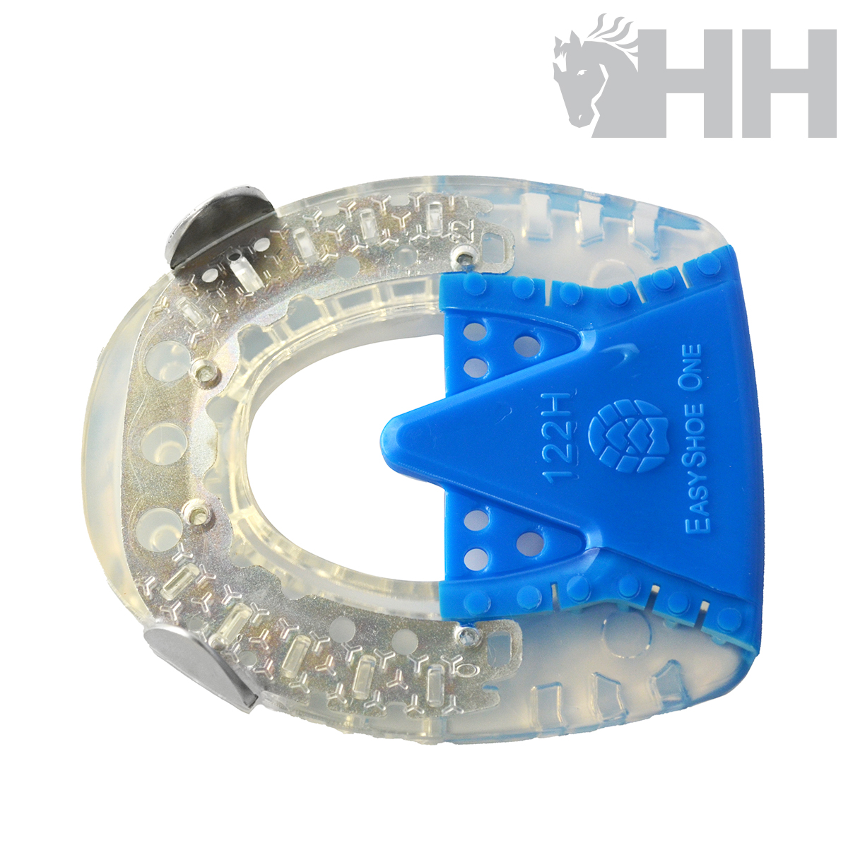 Dispositivo de plástico transparente com componente azul e pontos metálicos, sobre fundo branco e logotipo HH