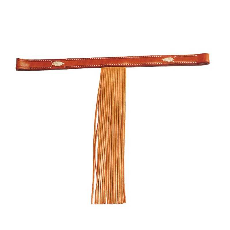 Cinto de couro castanho com franjas e costura branca