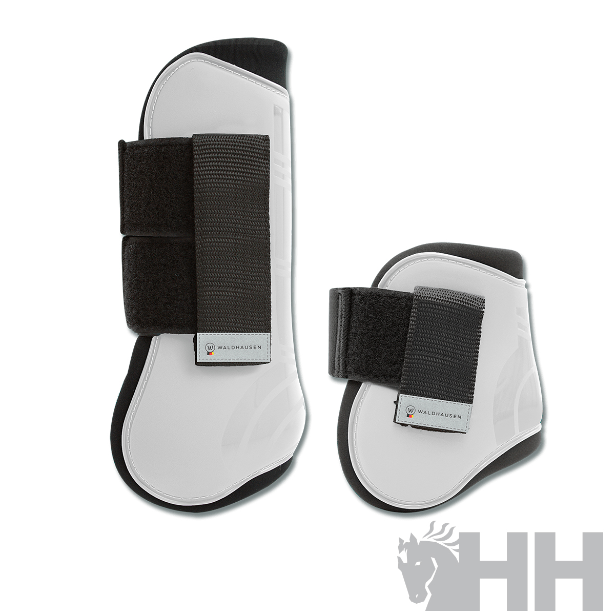 Conjunto de protetores brancos e pretos para equitação com velcro e etiqueta Waldhauser