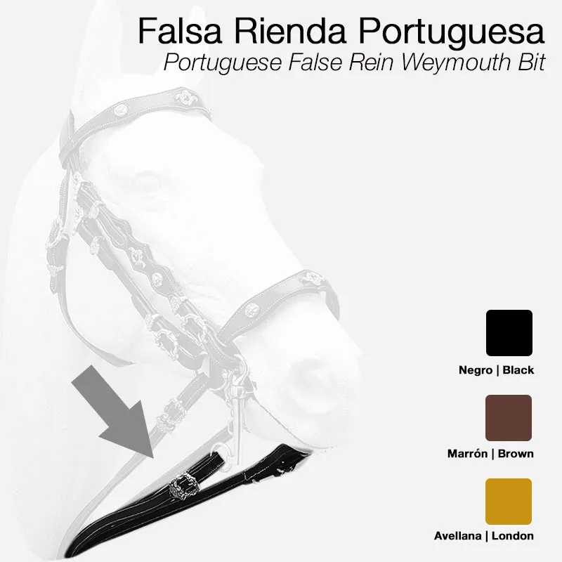 Peça de equipamento equestre em couro com várias cores mostrando 'Falsa Rienda Portuguesa'