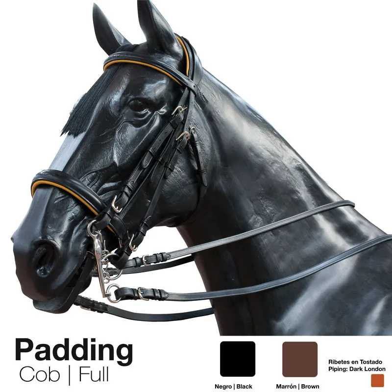 Cabeça de cavalo preto com embocadura de couro preto com detalhes em marrom