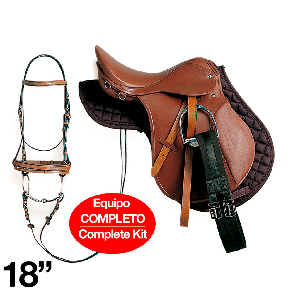 Conjunto completo de sela castanha, manta preta acolchoada e cabeçada com rédeas pretas para cavalo