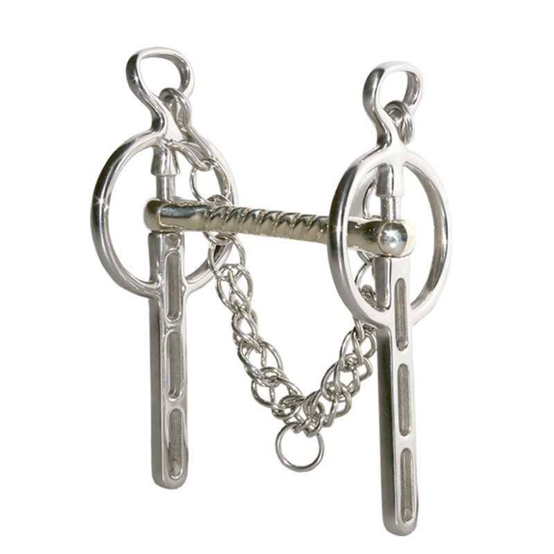 Freio metálico prateado para cavalo com corrente e argolas ovais