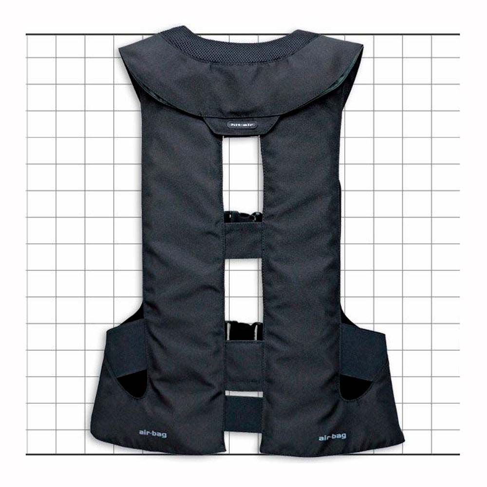 Colete airbag preto com fechos e etiquetas sobre fundo branco com grelha.