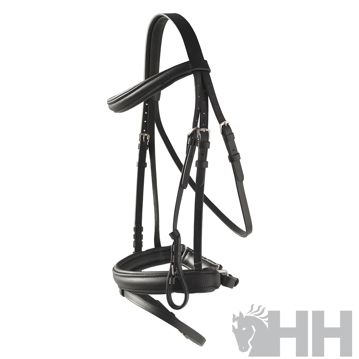 Cabeçada de cavalo em couro preto com fivela prateada e partes acolchoadas
