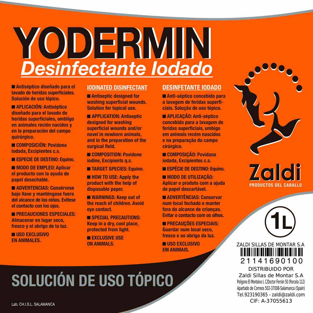 Etiqueta de produto YODERMIN Desinfectante Iodado com design laranja, texto trilingue e logo de cavalo