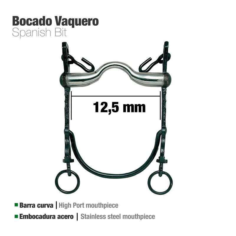 Freio de cavalo Bocado Vaquero em aço inoxidável com barra curva