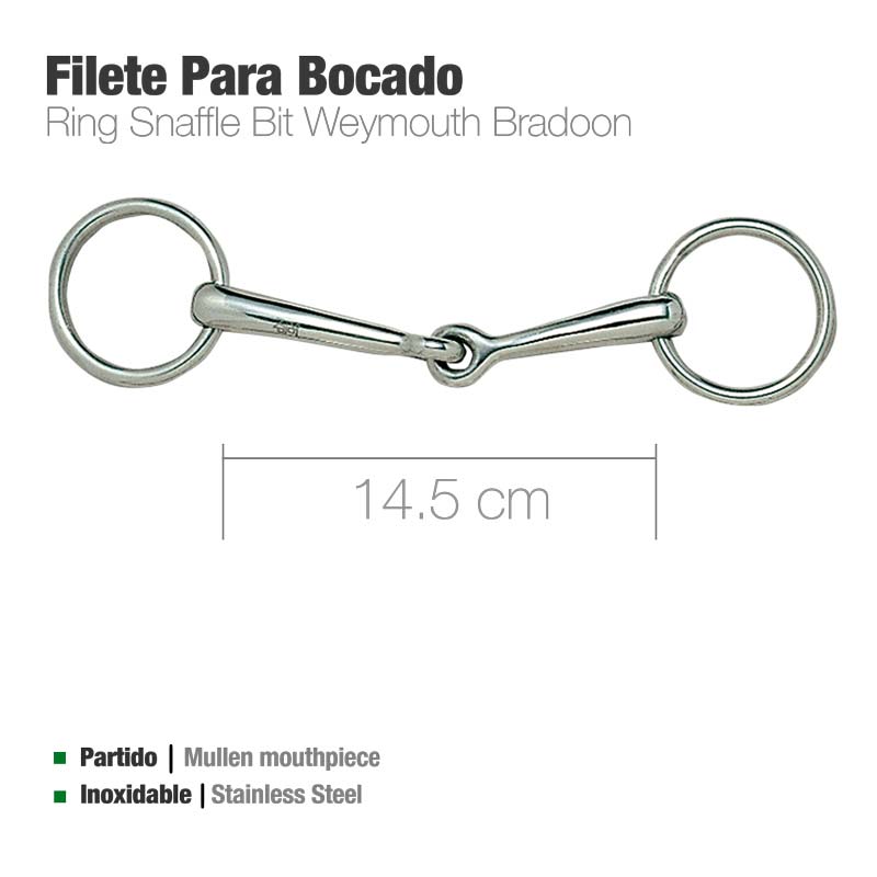 Freio para cavalo em aço inox com boca partida e duas argolas