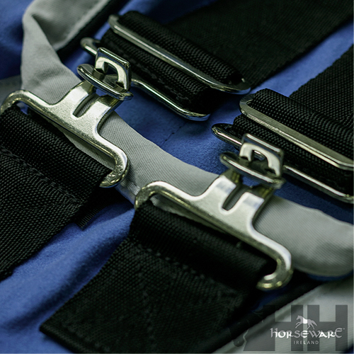 Cintas negras com fivelas metálicas em fundo azul e cinza com logo Horseware Ireland