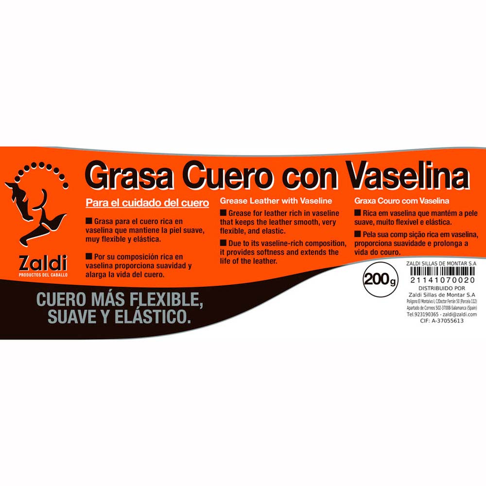 Etiqueta de produto Grasa Cuero con Vaselina da marca Zaldi para cuidado de couro com texto em várias línguas.