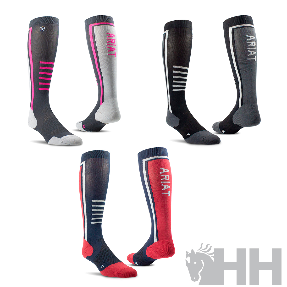 Três pares de meias ARIAT até ao joelho em várias cores e padrões